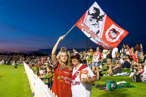 St George Illawarra Dragons Fans waving flag at Glen Willow Stadium, Mudgee